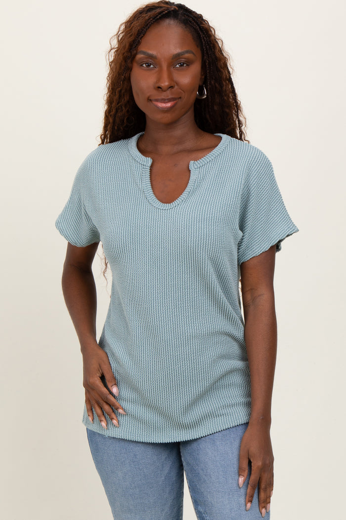 Mint Green Ribbed Notched Neckline Maternity Top