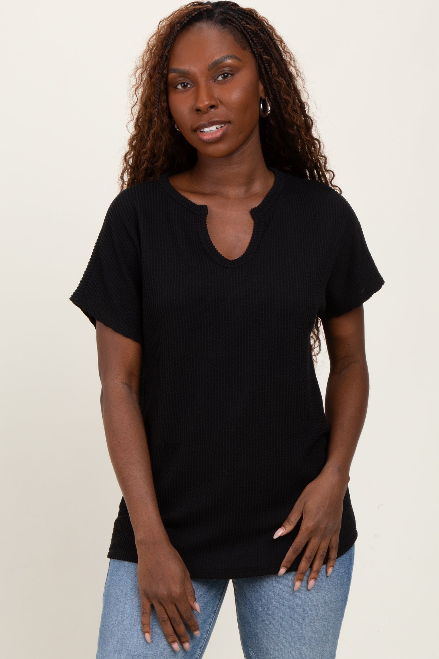 Black Ribbed Notched Neckline Maternity Top
