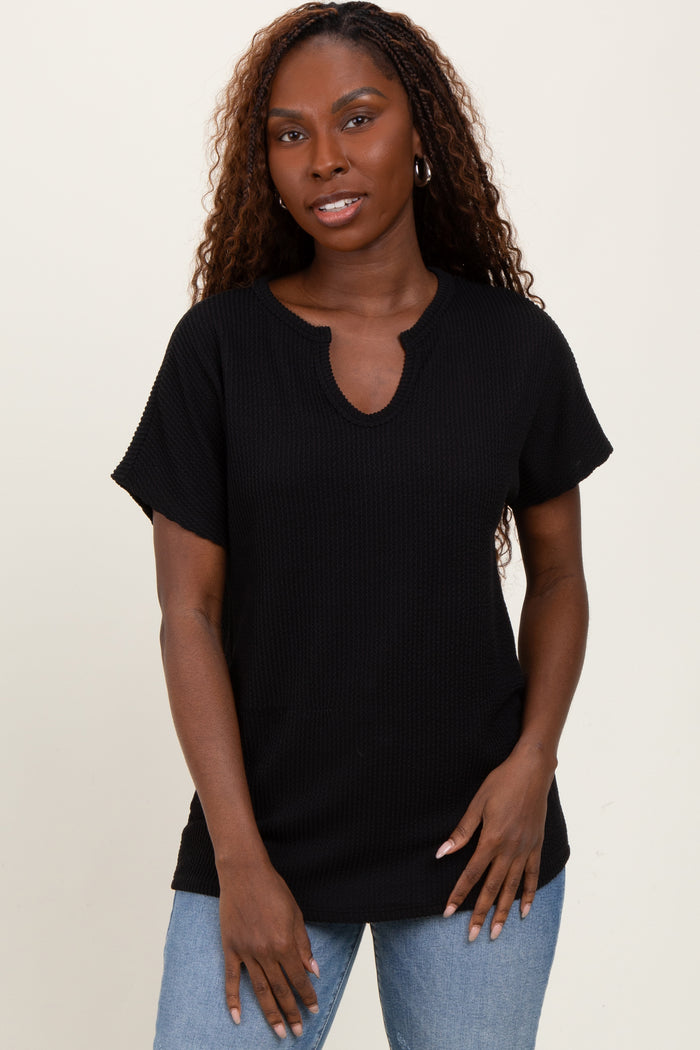 Black Ribbed Notched Neckline Maternity Top