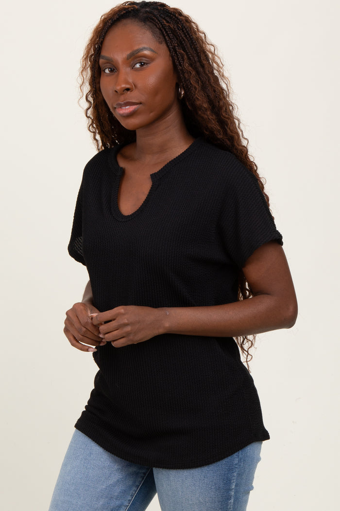 Black Ribbed Notched Neckline Top