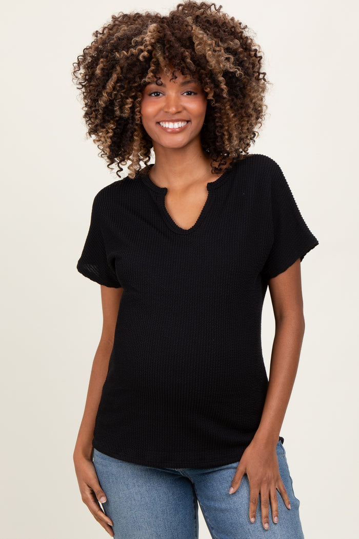 Black Ribbed Notched Neckline Maternity Top