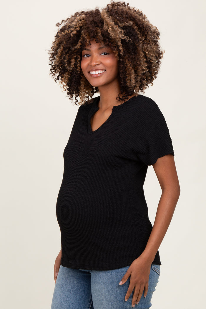 Black Ribbed Notched Neckline Maternity Top