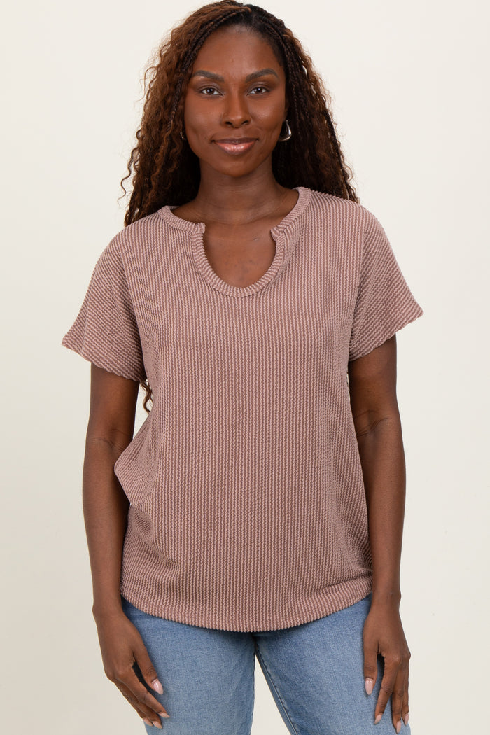 Mocha Ribbed Notched Neckline Maternity Top