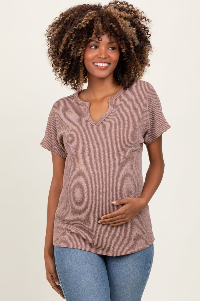 Mocha Ribbed Notched Neckline Maternity Top