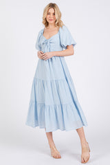 Light Blue Cinched Front Tie Puff Sleeve Midi Dress