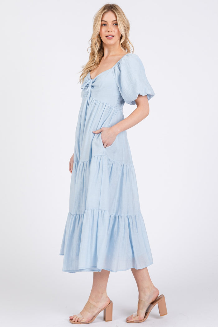 Light Blue Cinched Front Tie Puff Sleeve Midi Dress