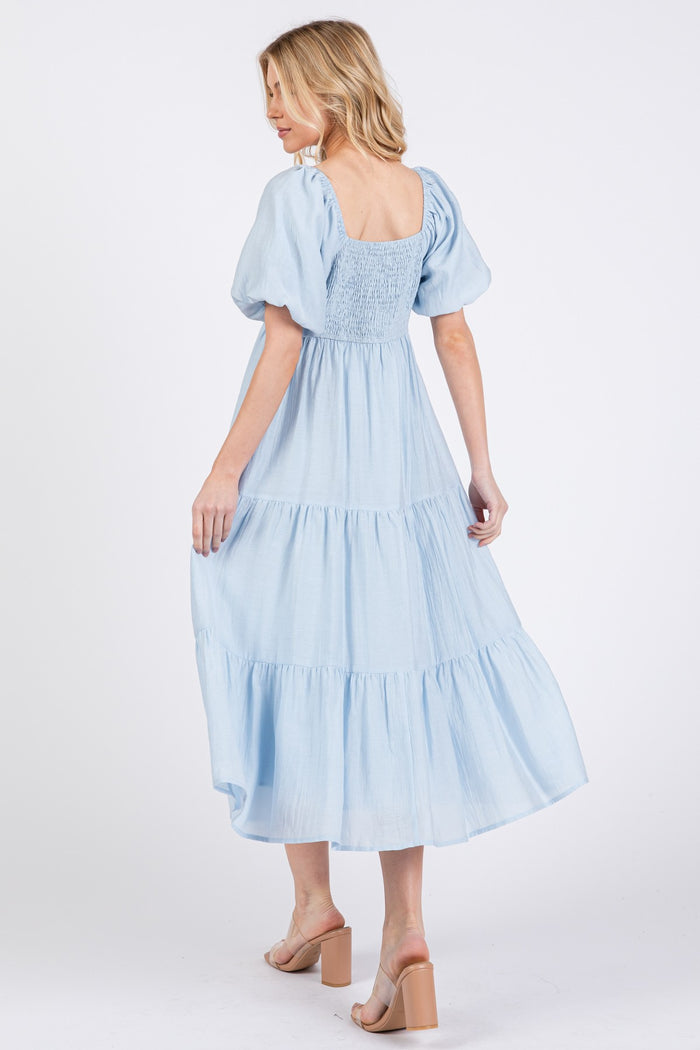 Light Blue Cinched Front Tie Puff Sleeve Midi Dress