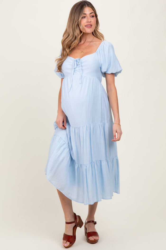 Light Blue Cinched Front Tie Puff Sleeve Maternity Midi Dress