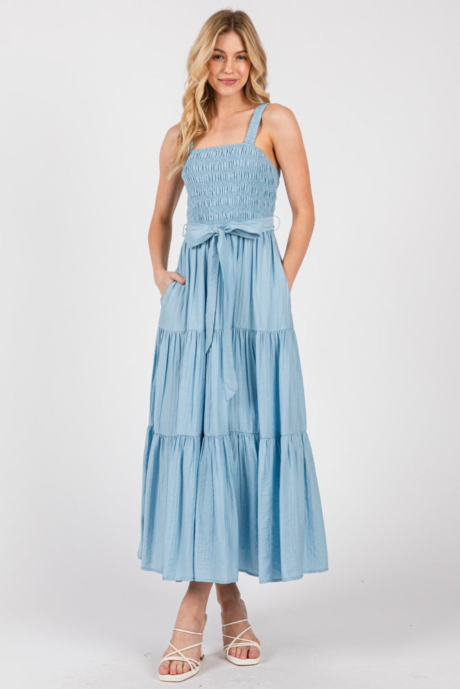 Light Blue Smocked Tiered Midi Dress