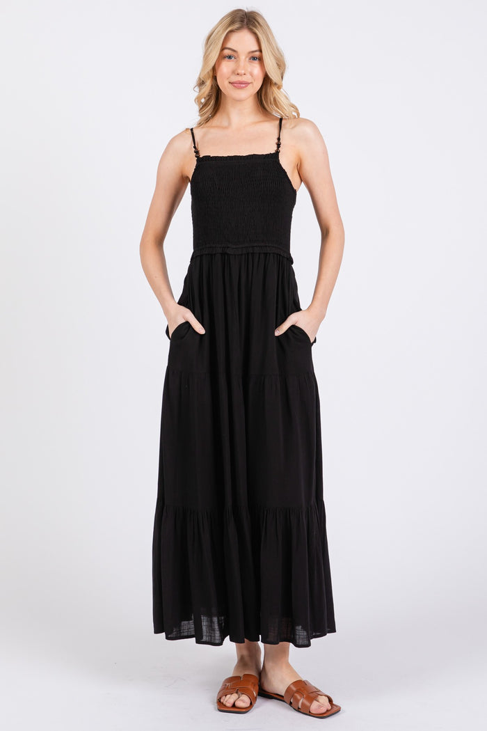 Black Smocked Bead Detail Strap Midi Dress