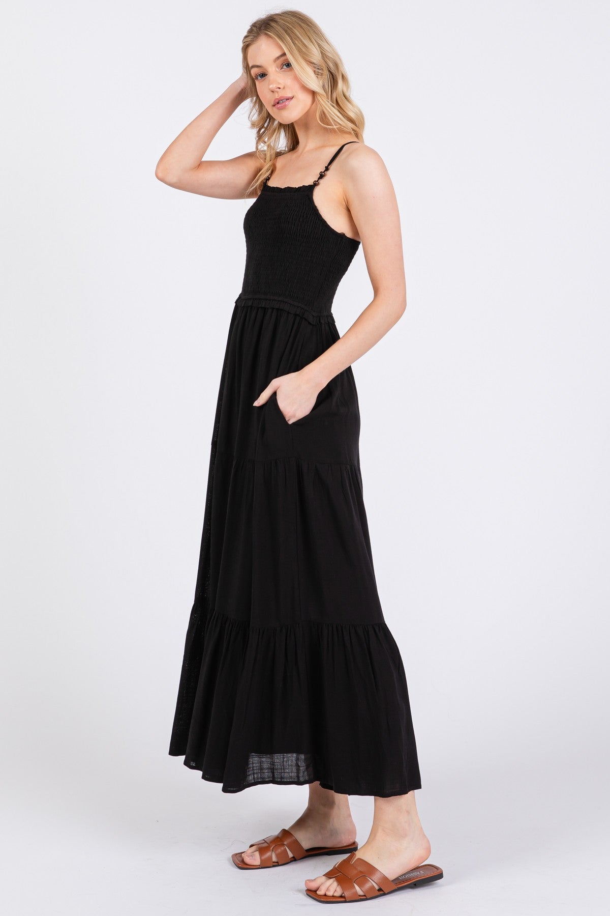 Black Smocked Bead Detail Strap Midi Dress