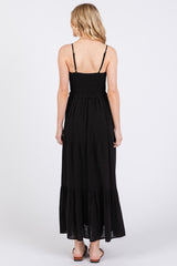 Black Smocked Bead Detail Strap Midi Dress