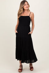 Black Smocked Bead Detail Strap Maternity Midi Dress