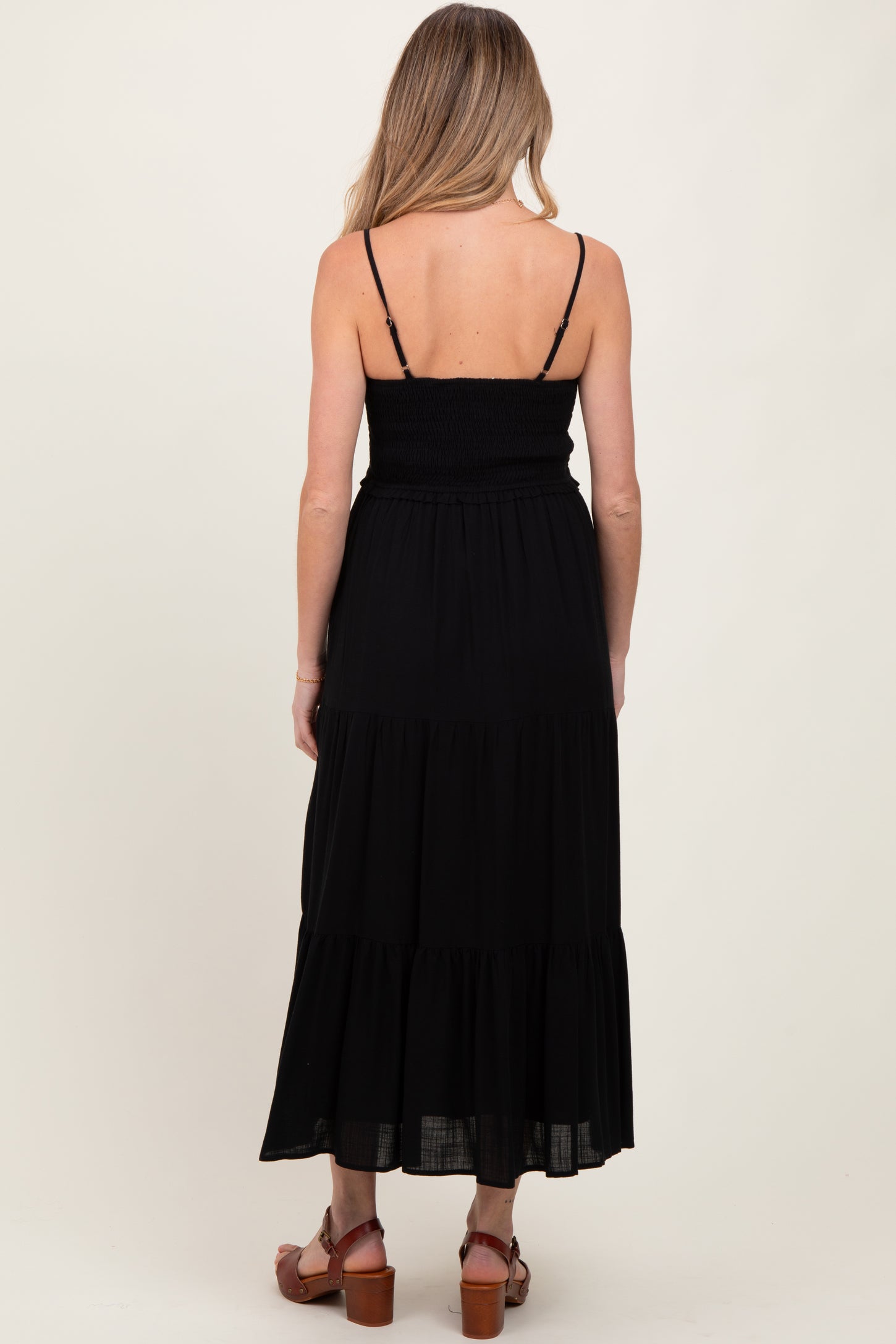 Black Smocked Bead Detail Strap Maternity Midi Dress