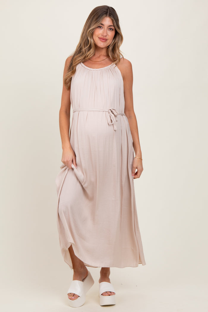 Cream Braided Neckline Maternity Maxi Dress