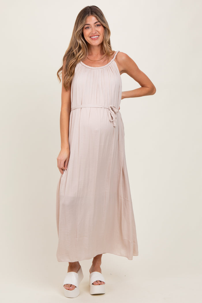 Cream Braided Neckline Maternity Maxi Dress