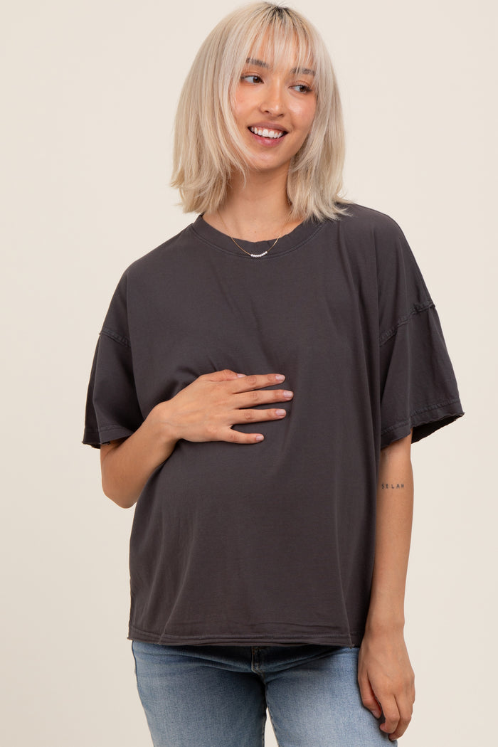 Black Boxy Raw Edge Maternity Short Sleeve Tee
