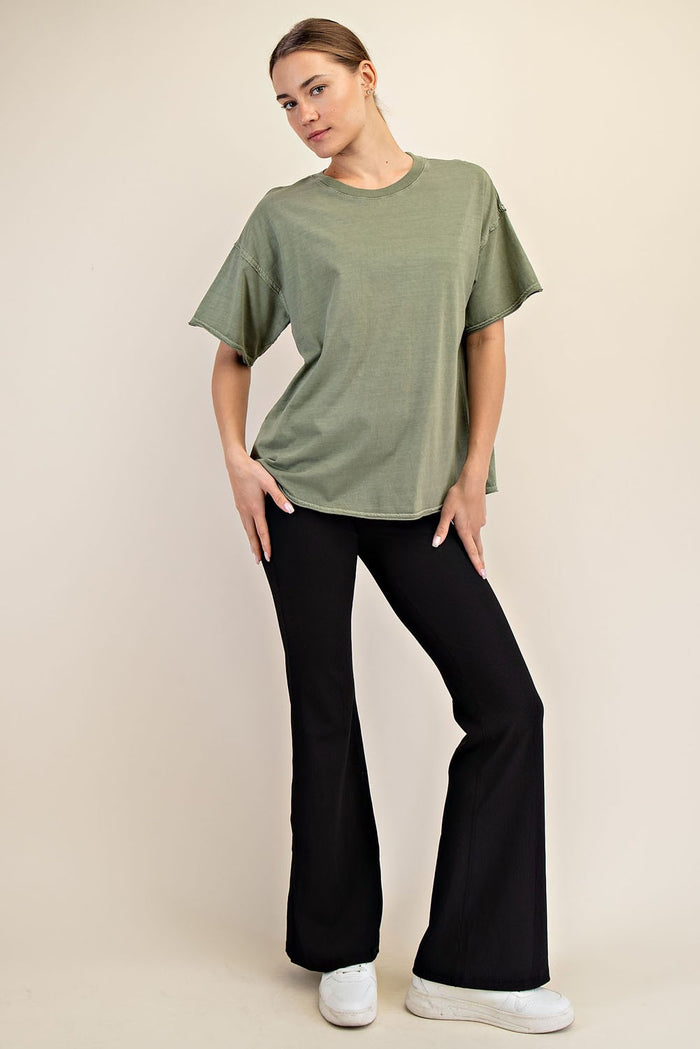 Olive Boxy Raw Edge Short Sleeve Tee