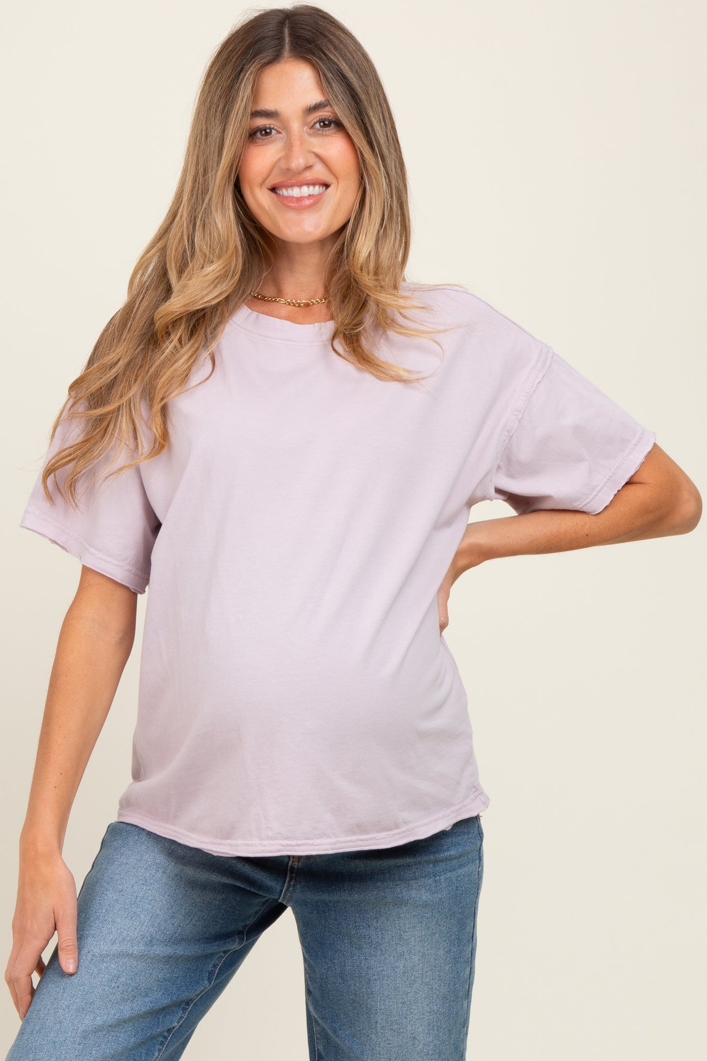 Lavender Boxy Raw Edge Maternity Short Sleeve Tee