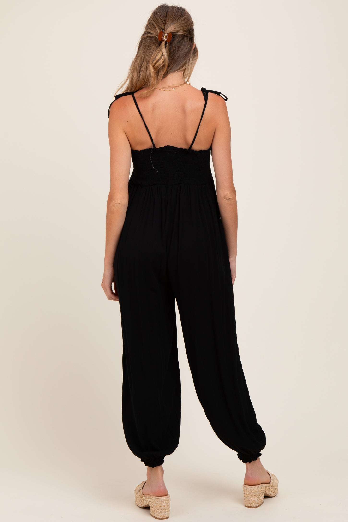 Black Smocked Button Front Shoulder Tie Maternity Jumpsuit