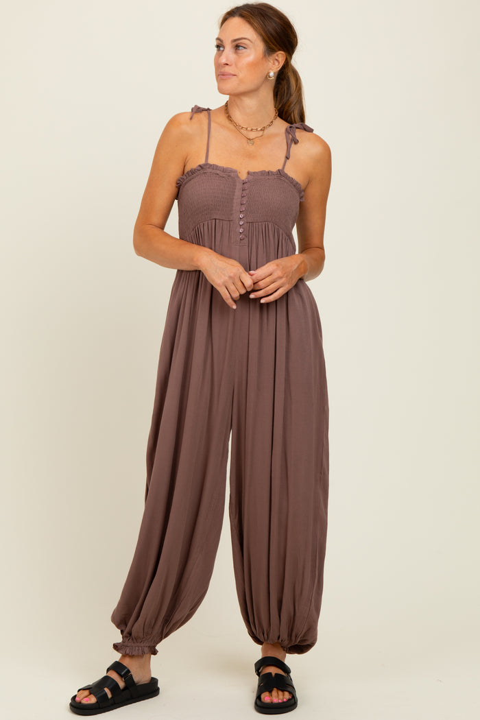 Mocha Smocked Button Front Shoulder Tie Maternity Jumpsuit