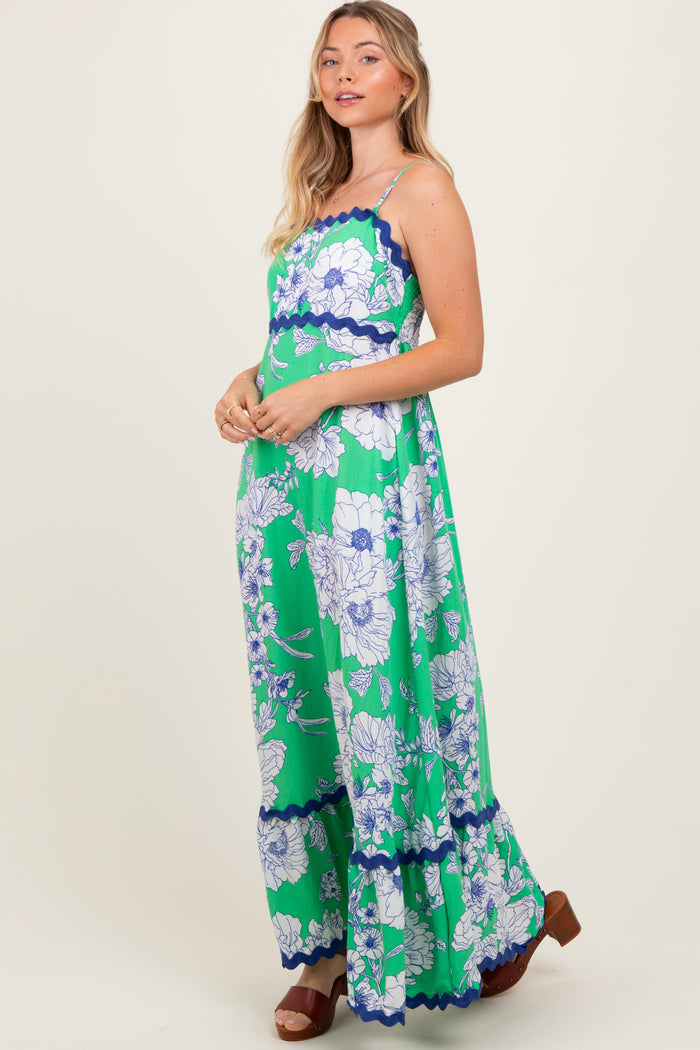 Mint Green Floral Wavy Trim Maxi Dress