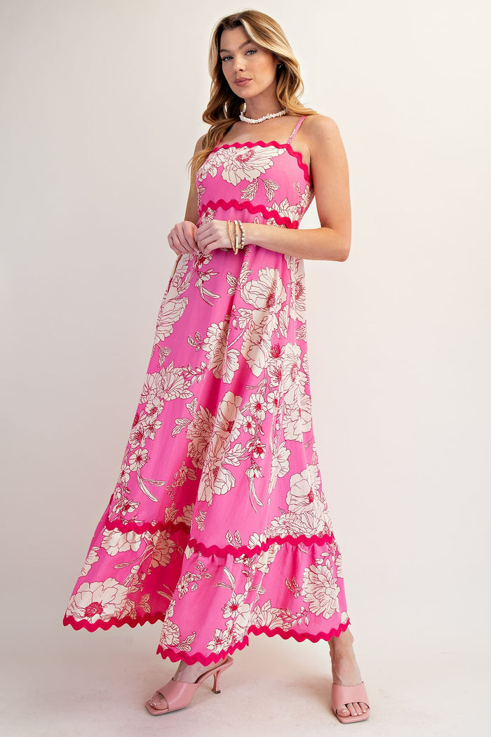 Fuchsia Floral Wavy Trim Maxi Dress