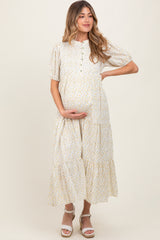 Green Iris Floral Button Maternity Maxi Dress