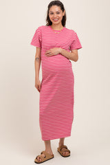 Pink Striped Short Sleeve Maternity T-Shirt Midi Dress