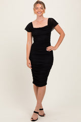 Black Mesh Ruched Off Shoulder Fitted Dress