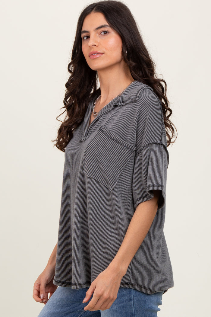 Charcoal Two Tone Ribbed Reverse Stitch Tunic Top