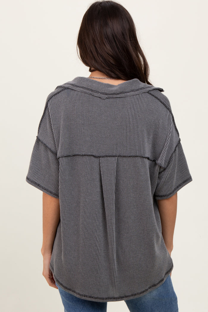 Charcoal Two Tone Ribbed Reverse Stitch Tunic Top