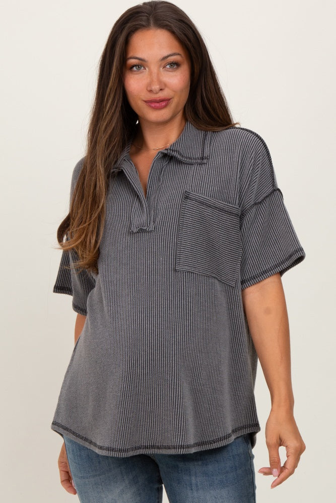 Charcoal Two Tone Ribbed Reverse Stitch Maternity Tunic Top