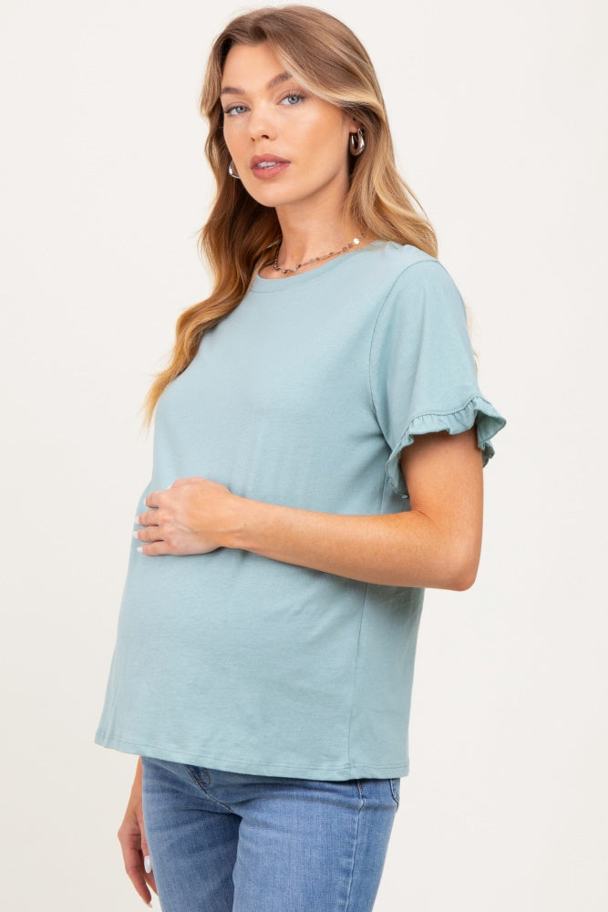 Mint Ruffle Trim Short Sleeve Maternity T-Shirt