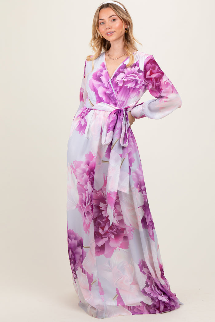 Purple Floral Chiffon Long Sleeve Maxi Dress