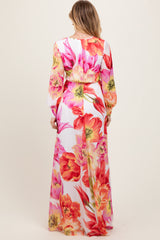 Red  Floral Chiffon Long Sleeve Maxi Dress