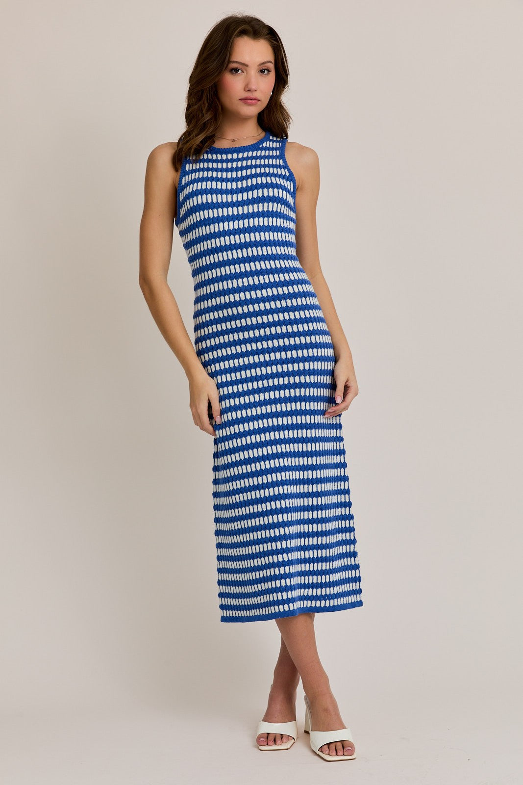 Blue-White Stripe Sleeveless Round Neck Knit Midi Dress