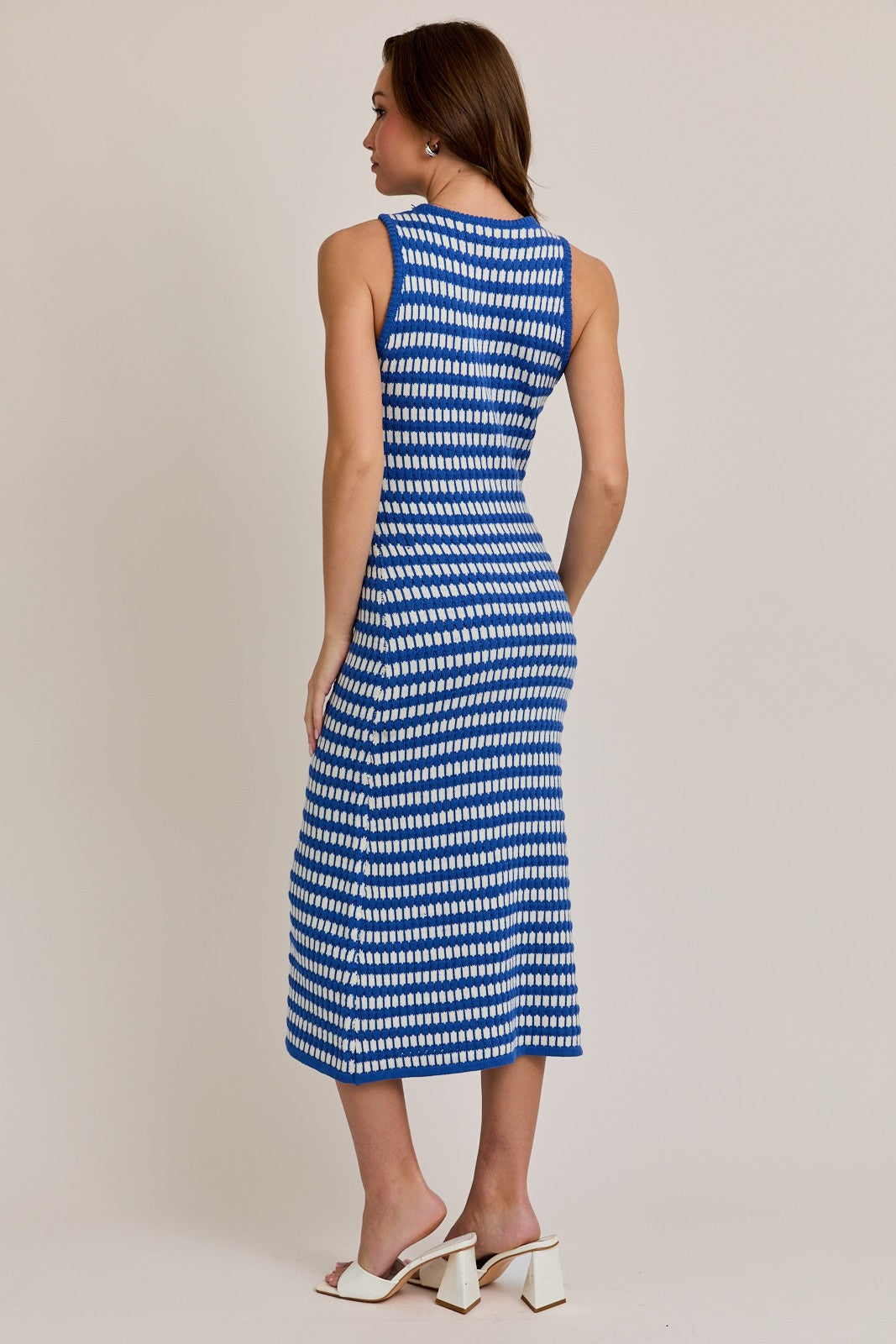 Blue-White Stripe Sleeveless Round Neck Knit Midi Dress