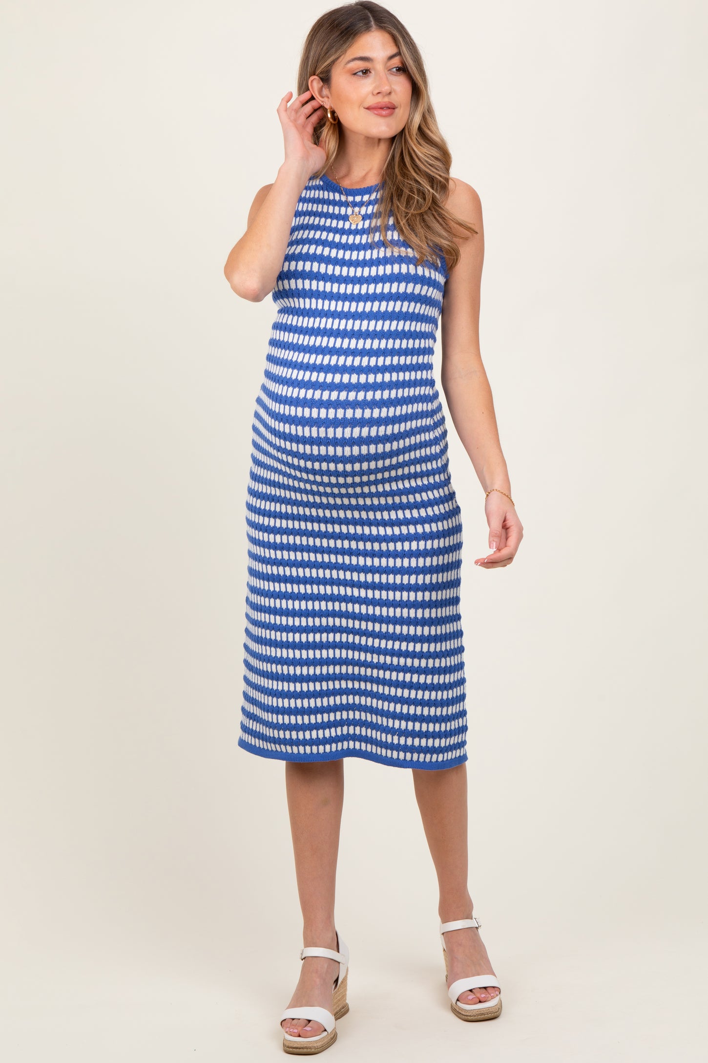 Blue-White Stripe Sleeveless Round Neck Knit Maternity Midi Dress