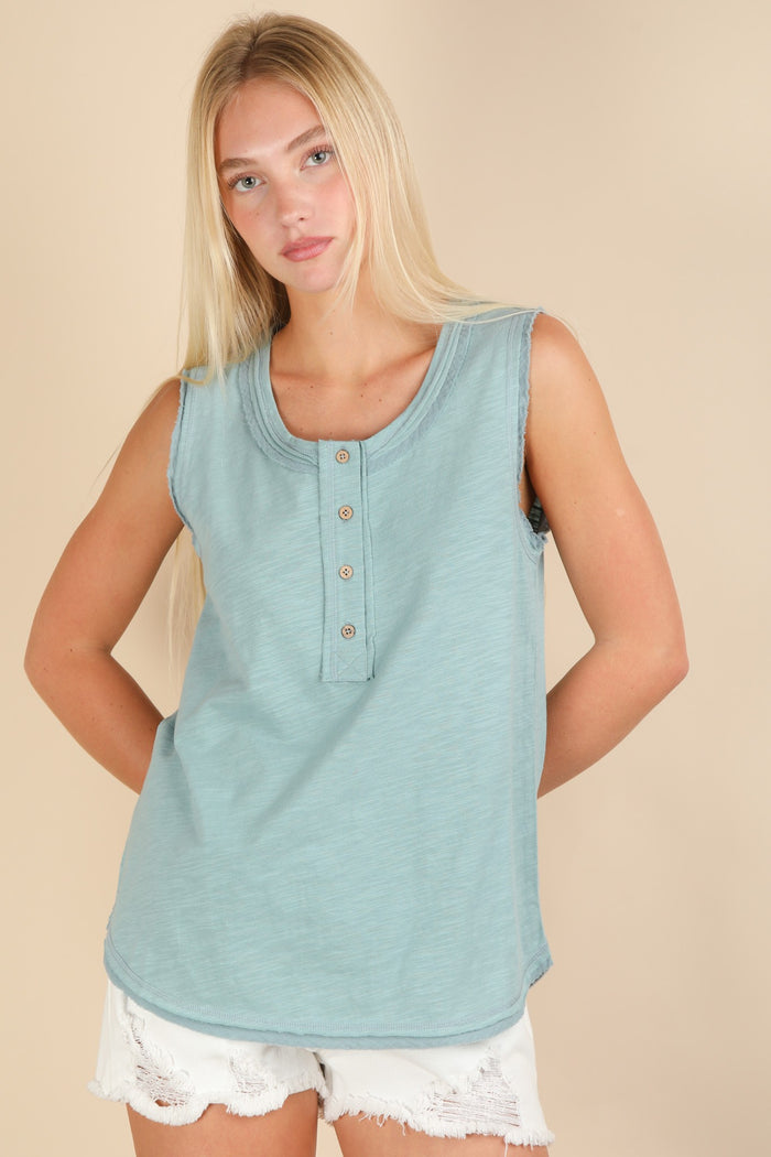 Light Blue Raw Hem Button Detail Sleeveless Maternity Top