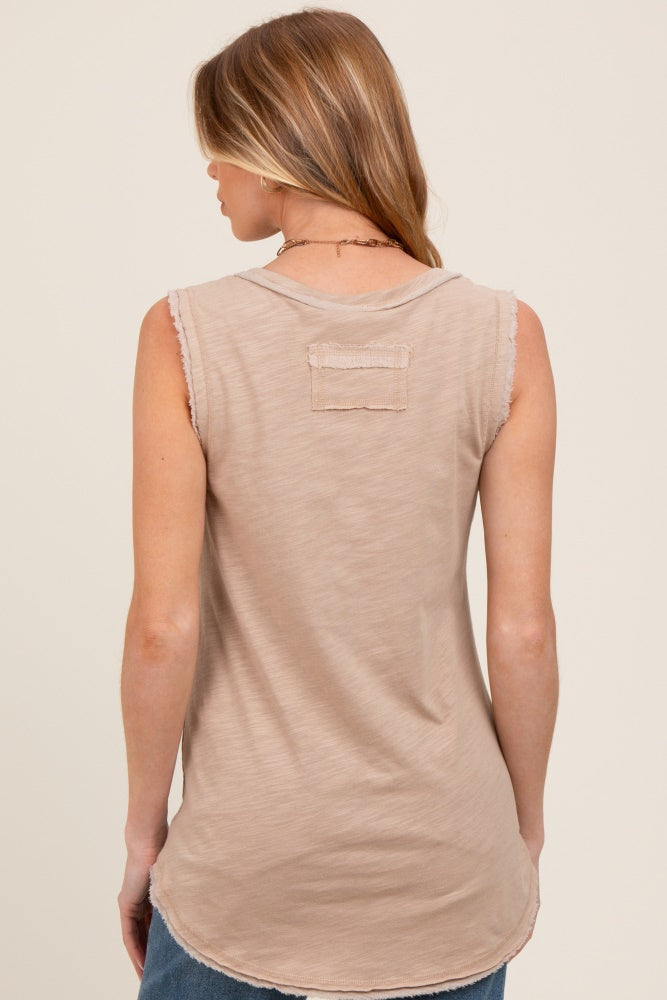 Beige Raw Hem Button Detail Sleeveless Maternity Top
