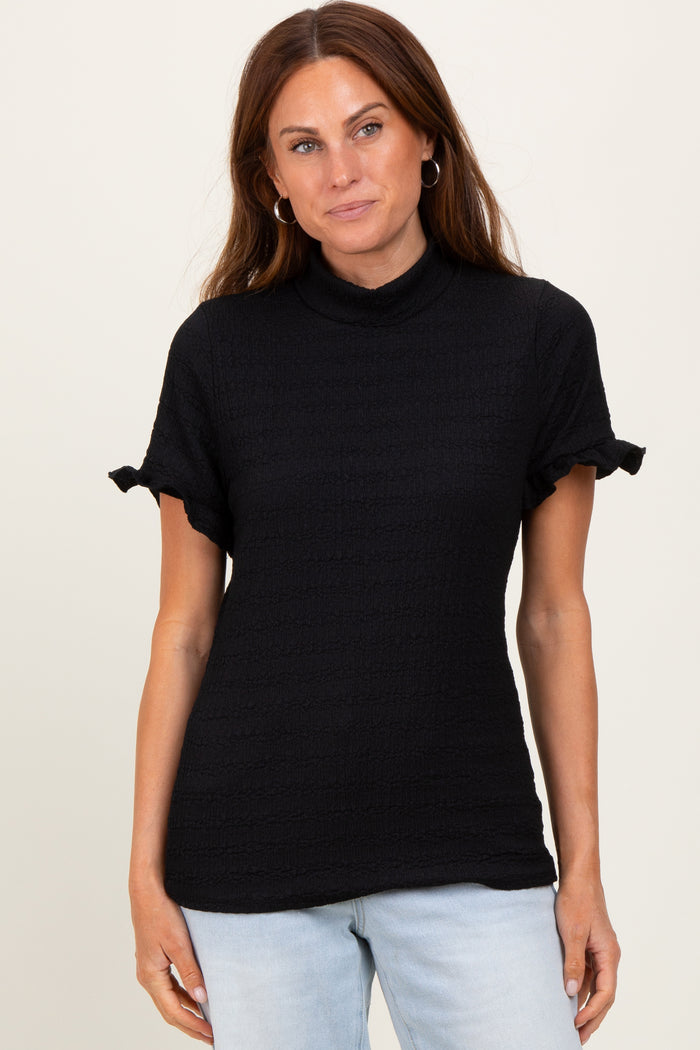 Black Solid Puff Knit Mock Neck Maternity Top