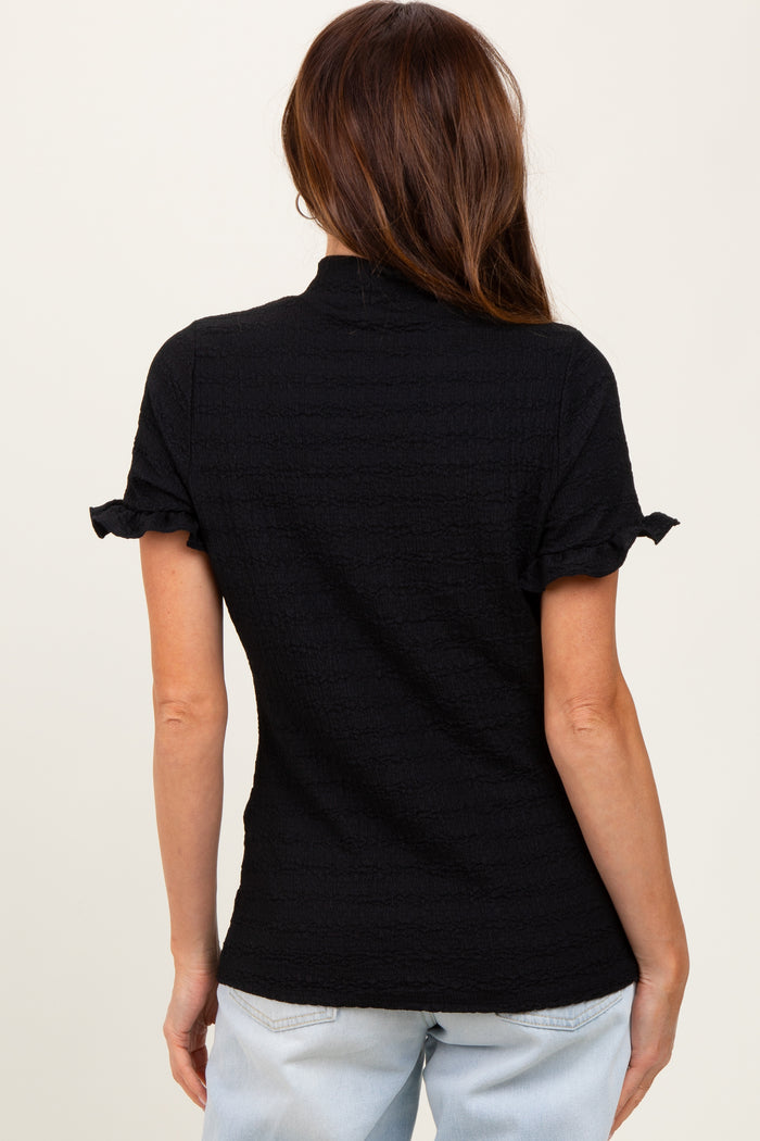 Black Solid Puff Knit Mock Neck Top