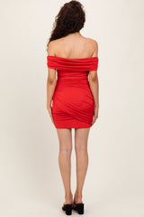 Red Off Shoulder Ruched Mini Dress