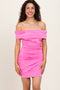 Pink Off Shoulder Ruched Mini Dress