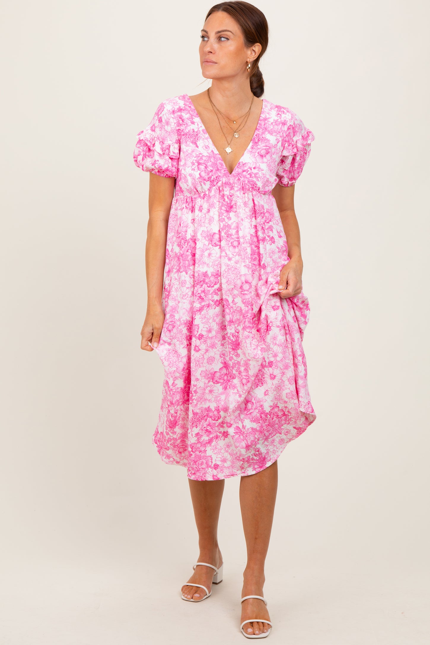 Pink Floral Woven Short Sleeve Maternity Mini Dress