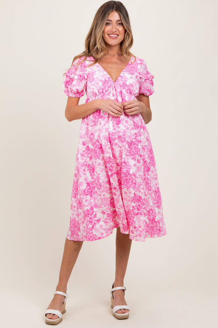 Pink Floral Woven Short Sleeve Maternity Mini Dress