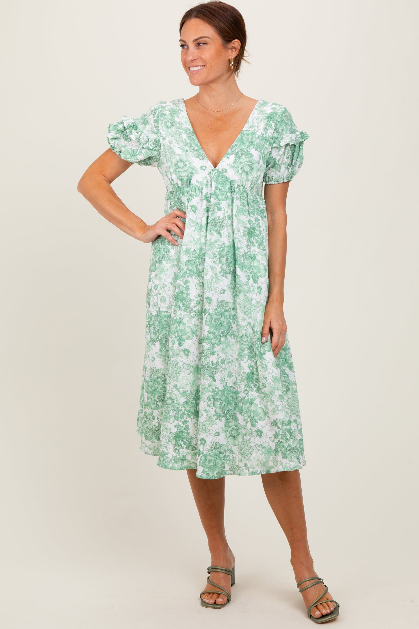 Green Floral Woven Short Sleeve Mini Dress