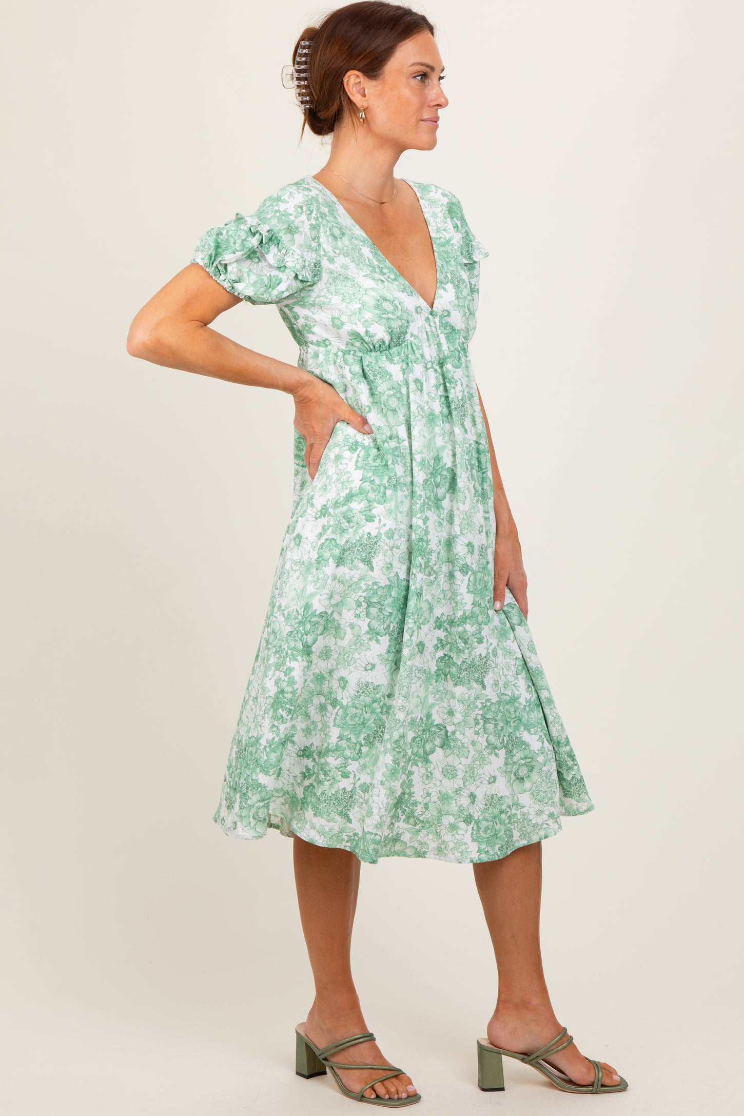 Green Floral Woven Short Sleeve Mini Dress