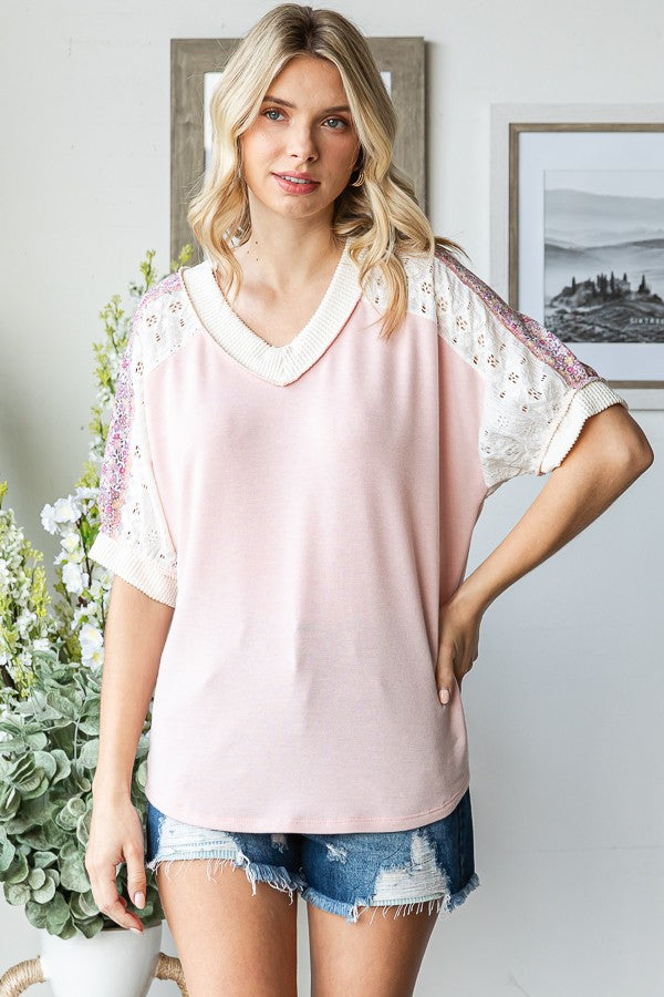 Light Pink Floral Lace Inset Short Sleeve Top